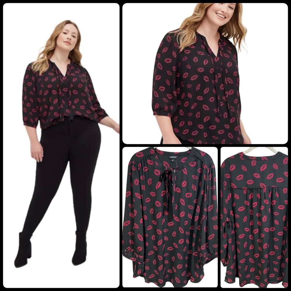 Torrid Georgette Leopard Lips Peasant Blouse Black Pink 3X Tie Neck NWT